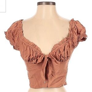 Warm brown ruffle bow front top
